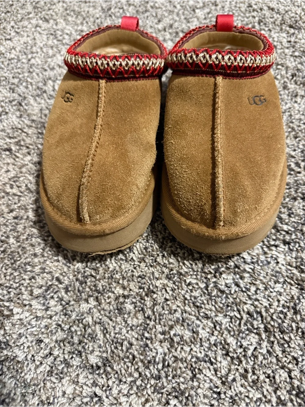 Kids 13 UGG Chestnut Suede Slip-On Clogs with Red Trim